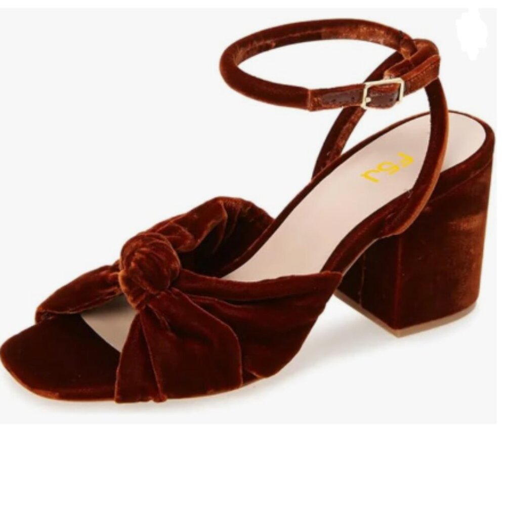 FSJ Sienna Velvet Knot Heeled Sandals Ankle Strap Buckle Chunky High Heel Shoes